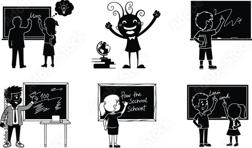 Silhouettes of students and teachers writing on blackboards, classroom learning, education concept, school activities, studying, teaching, academic success, knowledge sharing