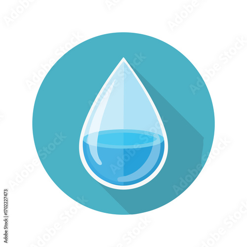 A single, translucent blue water droplet in a teal circle, cast shadow.