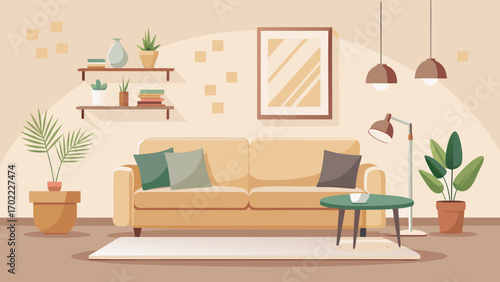 Vector art of warm living room interior with a cozy sofa, plants, and decorative elements, creating a comfortable and inviting space for relaxation and modern home decor