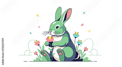 Adorable illustration of an Easter bunny surrounded by flowers and colorful petals