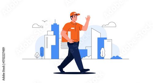 A delivery courier waving with package in a cityscape, vector illustration design