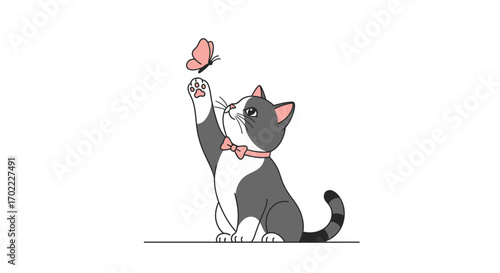 Adorable Kitten Engaging With a Graceful Butterfly Against a Clean White Backdrop