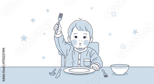 Adorable Little One Ready To Eat With Fork Raised Cartoon Illustration