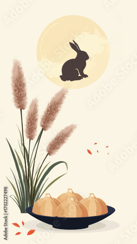 Elegant Tsukimi postcard with full moon, rabbit silhouette, pampas grass and rice dumplings, seasonal Japanese design