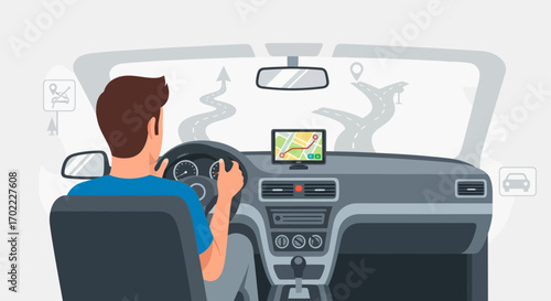 A Driver Inside a Car Steering While Looking at the Digital Navigation Screen
