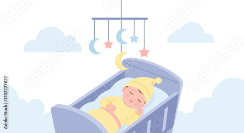Adorable sleeping baby in crib with hanging mobile, illustration of a calm scene