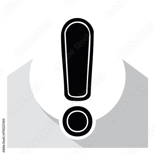 A black exclamation point symbol with a long shadow, centered on a white circle.