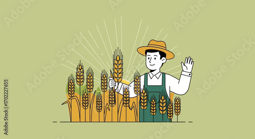 A farmer in a wheat field is happy during harvest time with a good crop harvest