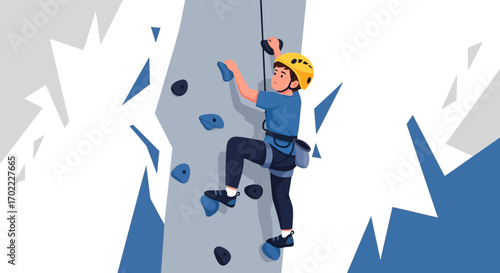 A Fearless Rock Climber Ascending Vertical Wall With Protective Gear And Determination