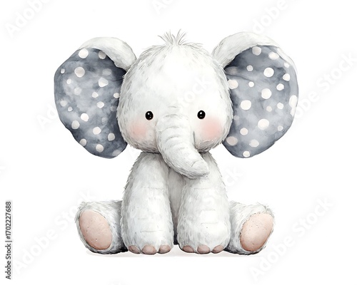 Adorable fluffy white elephant plush toy with large polka dot ears sitting