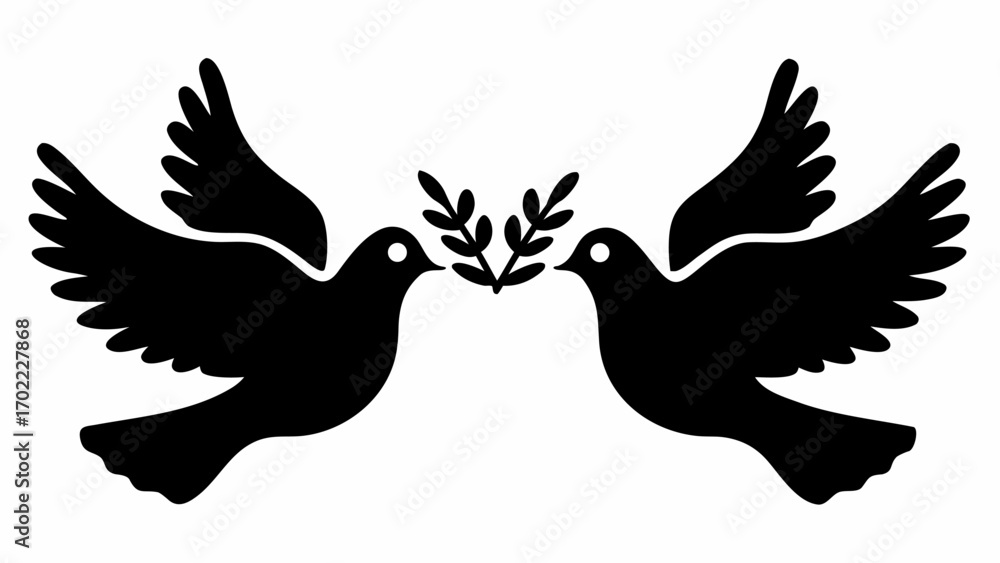 Obraz premium Two black silhouette doves facing each other holding an olive branch in their beaks on white background