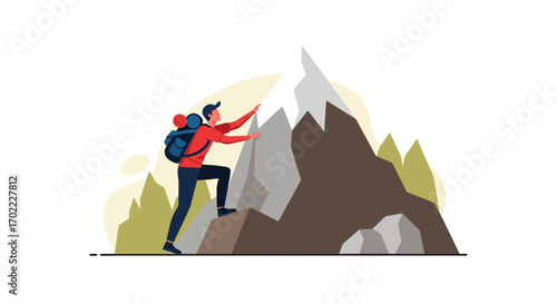 Adventurer Scaling A Mountain Represents Ambition And Perseverance With Backpack