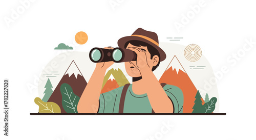Adventurer Observing Landscapes Through Binoculars in Modern Flat Illustration Style