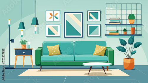 Vector art of cozy living room interior with a comfortable sofa, stylish decorations, and a relaxing atmosphere for a modern home design concept