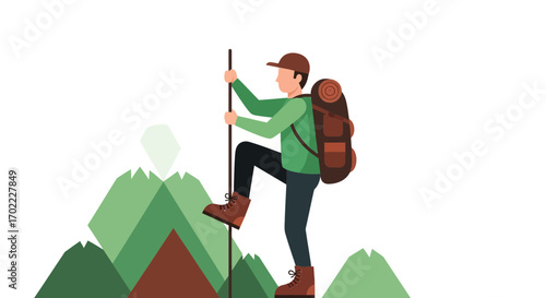 Adventurer Scaling Mountain With Hiking Gear, Showing Determination And Achieving Goals Illustrated