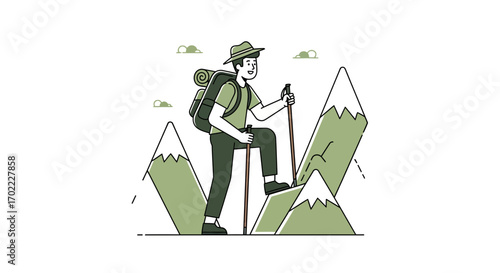 Adventurer On Mountain: Vector Illustration of Hiker Discovering Peaks And Ascending