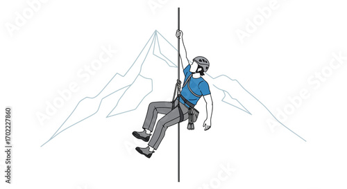 Adventurous Climber Ascends Vertical Surface Towards Imposing Mountain Peaks Illustration