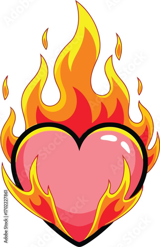 Pink heart ignited by fiery flames passionate love symbol vector