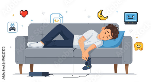 A Gamer Sleeping on the Sofa with a Controller After a Gaming Session