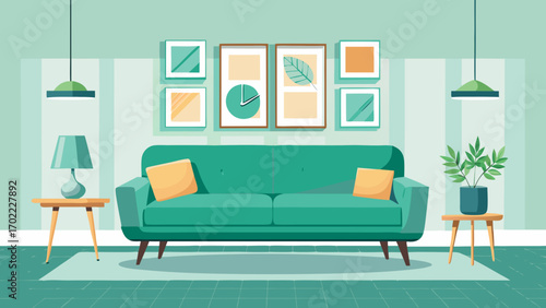 Vector art of cozy living room interior with green sofa, plants, and wall art, creating a relaxing and inviting atmosphere for modern home decor