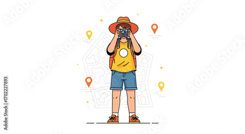 Adventurous Explorer Capturing Moments on a Journey, Illustrated in a Unique Style