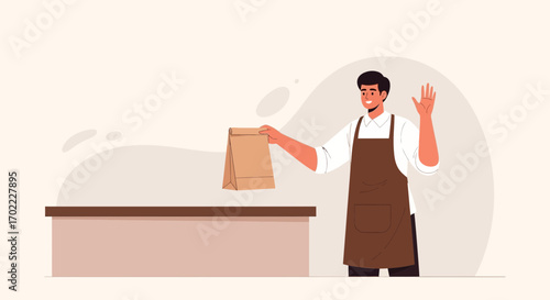 A Friendly Delivery Person Delivering Food With A Smiling Gesturing Hand To The Customer Smiling
