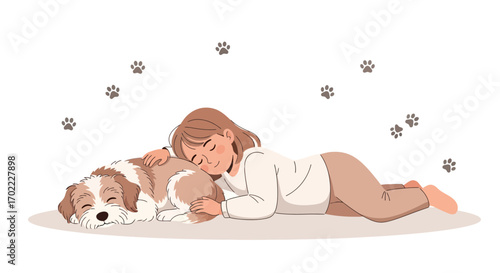 A girl and her dog sleeping together in a calming and heartwarming illustration