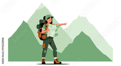 Adventurous Hiker Consulting Map While Hiking Through Unexplored Mountainous Region