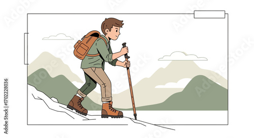 Adventurous Hiker Exploring Mountainous Terrain With Backpack And Trekking Pole