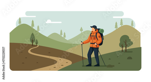 Adventurous Hiker Exploring Winding Trail Through Serene Rolling Green Hills and Landscape