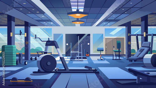 Vector art of a modern gym interior with various exercise machines, including treadmills, weightlifting equipment, and yoga mats, creating a fitnessfocused and active atmosphere