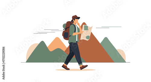 Adventurous Hiker Navigating With A Map, Exploring Mountainous Landscapes, Solo Travel