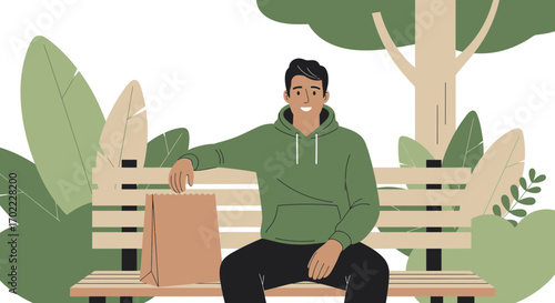 A happy man resting on a bench in a park with a take out bag beside him