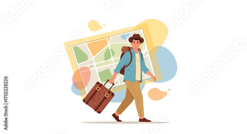 Adventurous Traveler Navigating With Map And Luggage, Ready To Explore The Destinations