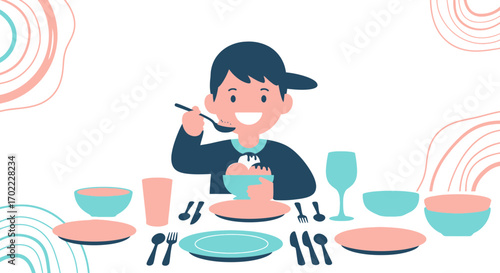 A happy person eating ice cream dessert at a table with tableware and a smiling face
