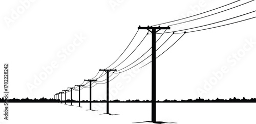 Silhouette of long row of utility poles with electrical power lines, rural landscape, energy transmission system, communication infrastructure, minimalist vector art