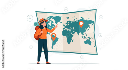 Adventurous Woman Planning a Trip Across the World, Choosing Her Next Destination Now