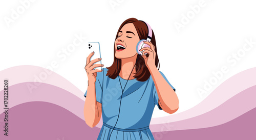 A happy woman listening to music with headphones and phone on colorful background