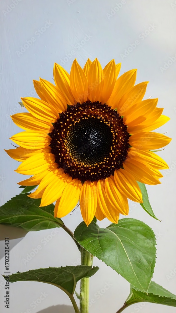 Fototapeta premium A vibrant sunflower, bright yellow petals surrounding a dark brown center, stands tall against a pale background, showcasing the beauty of nature's details.