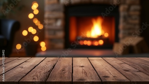 A wooden table top with a fireplace in the background.