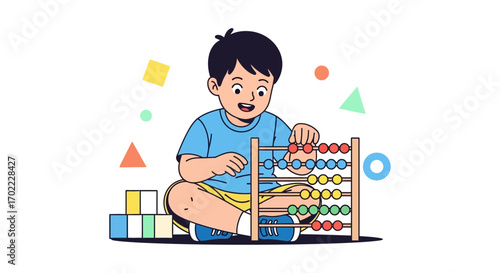 A joyful child learning and playing with an abacus for education and development