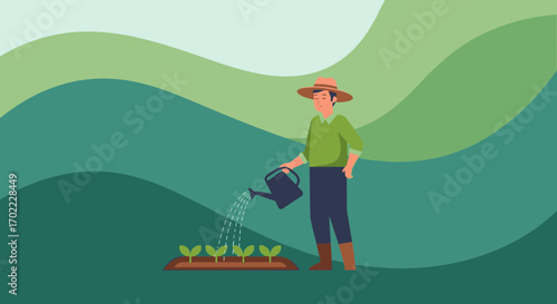 Agricultural Worker Waters the Seedlings in a Garden with Green Wavy Landscape