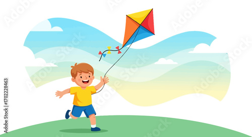 A joyful boy running with a colorful kite on a sunny day in a delightful illustration