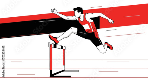 Agile Athlete Overcoming Obstacle in a Graphic Sprinting Competition Illustration