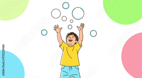 A joyful child plays and reaches for bubbles in this vibrant illustration of happiness