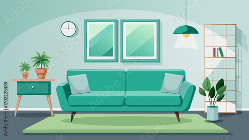 Vector art of living room interior with sofa, pillows, plant, picture frames, and other decorations in a cozy and comfortable home setting