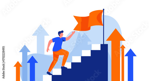 Ambition And Perseverance: A Man Reaching The Top Of Stairs To Grab Flag