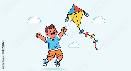 A joyful kid happily flying a colorful kite on a bright sunny day vector illustration