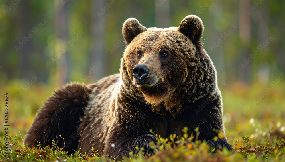 Fototapeta premium A large brown bear rests serenely in a lush, natural setting, showcasing the rich colors of a forest floor.