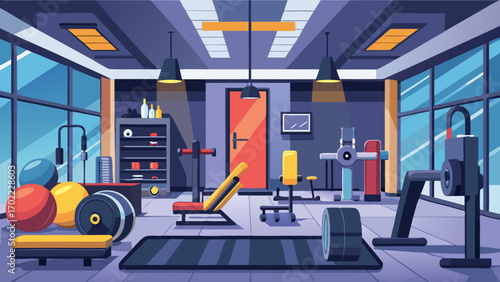 Vector art of gym interior with equipment, weights, and machines, providing a space for fitness and exercise in a modern and wellequipped training facility